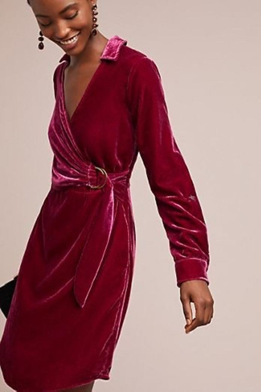 Maeve by Anthropologie Velvet Retro Faux Wrap Shirt Dress in rich cranberry US 2